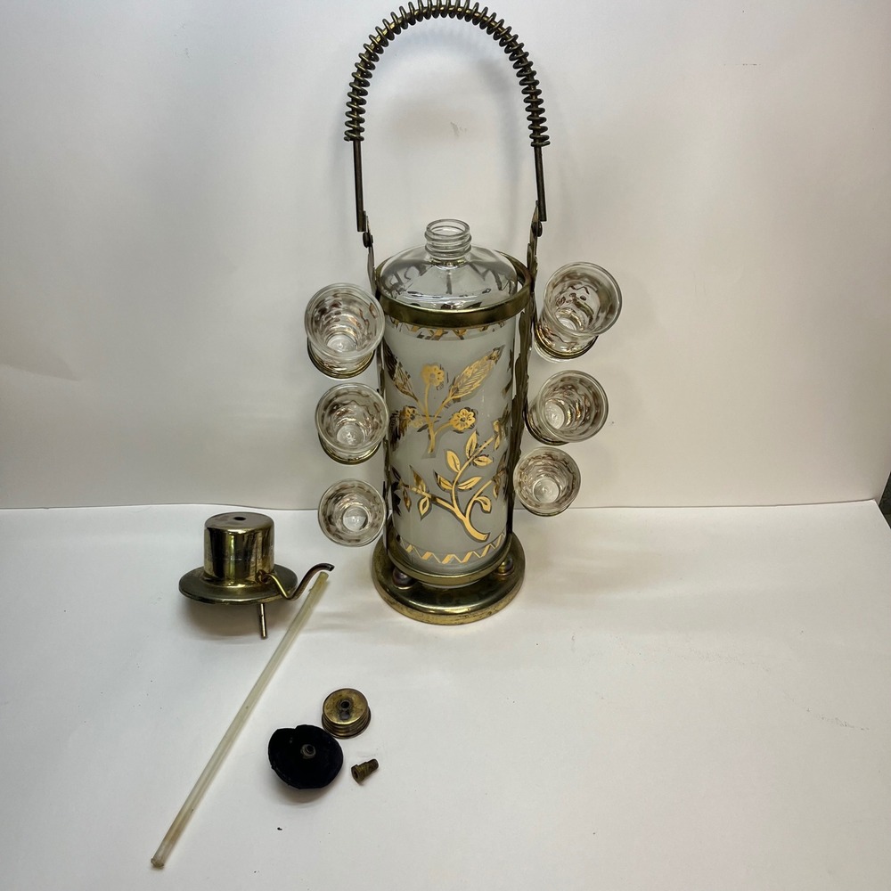 Vintage Decanter Set glenshaw‎ Gold Leaf Glass 6 Shot Glasses Brass Caddy mcm
